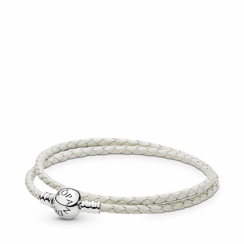 Pandora white Braided Double-Leather Charm Bracelet Clearance NZ, Sterling Silver (359461-AWS)